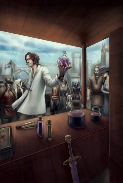 Florian Daguet vendant des potions et autres trésors magiques devant son stand ambulant, image carte jeu de société Conseil de Guerre Négociant Gitan