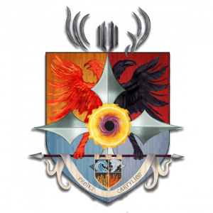 Le logo illustré du Projet CarTylion : Kur avec les 7 branches du chaos au centre du soleil formant le cercle de la croix du roi, blason de fond au couleur des quatre éléments avec de par et d'autre le phénix Azor et le corbeau de l'apocalypse, surmonté de la couronne d'acier