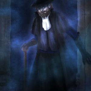 Edward Bergas - Homme avec une canne et un chapeau, debout dans l'embrasure d'une porte, il invite le visiteur du site web du Projet CarTylion à le suivre, ambiance bleue et sombre