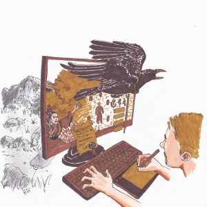 Dessin d'un illustrateur avec tablette graphique et un corbeau sort de son écran