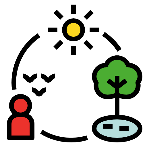 Icône présentant une interaction entre le soleil, un arbre, un humain et des oiseaux