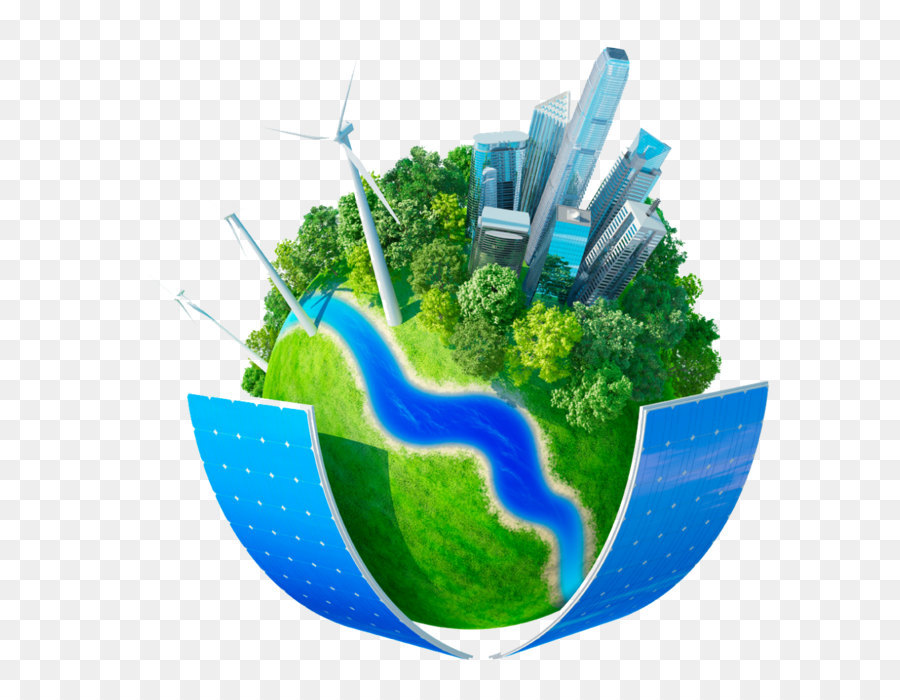 Sphère verte avec des immeubles, des éoliennes et des panneaux solaires