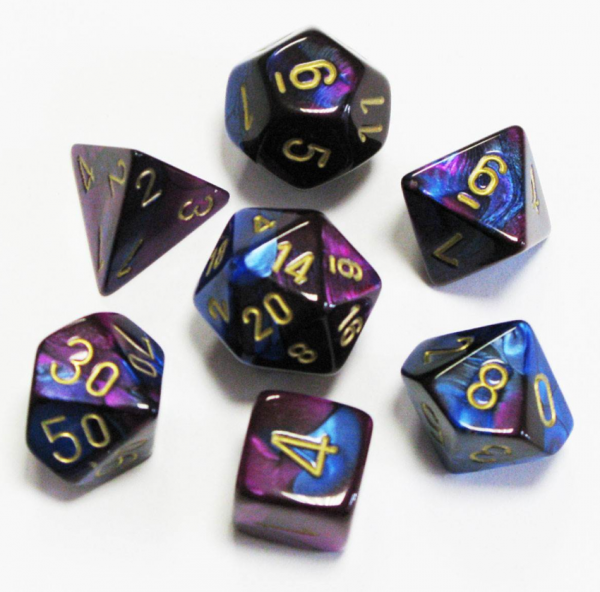 Set de 7 dés en couleur violet bleu et or Chessex