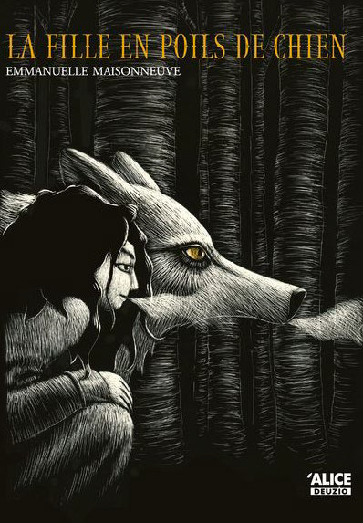 Illustration noir et blanc d'une jeune fille aux longs cheveux noirs et d'un loup de profil