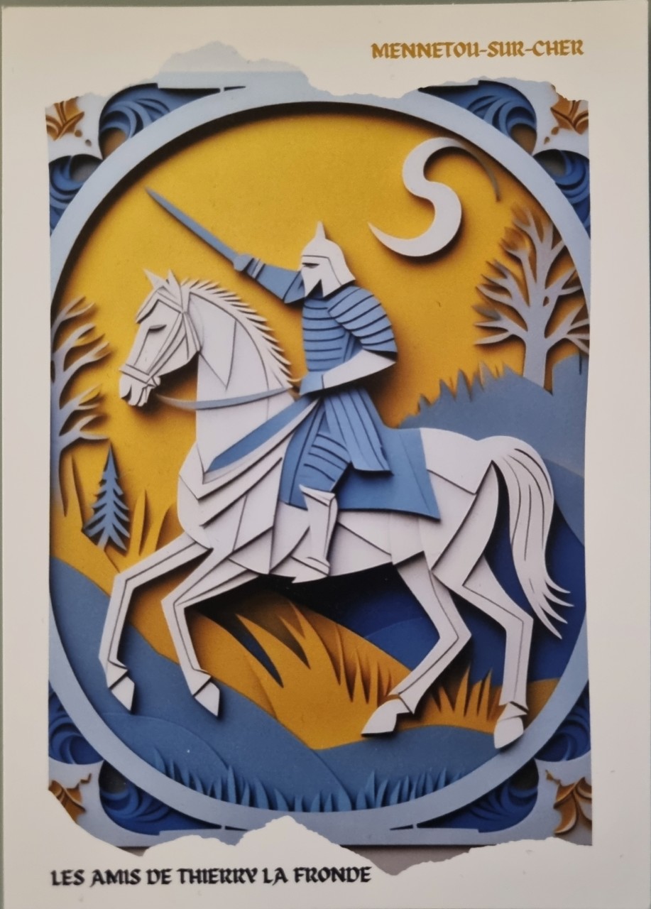 Carte postale avec un chevalier bleu sur un cheval blanc sur fond jaune