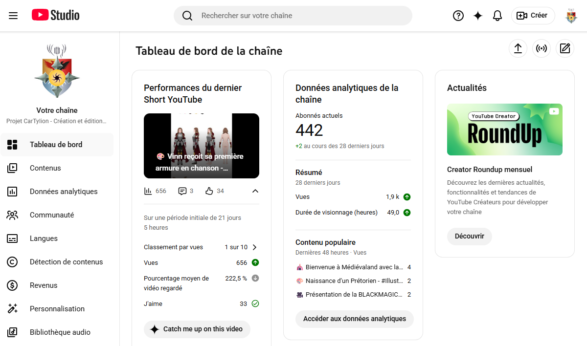 Page d'accueil de YouTube Studio